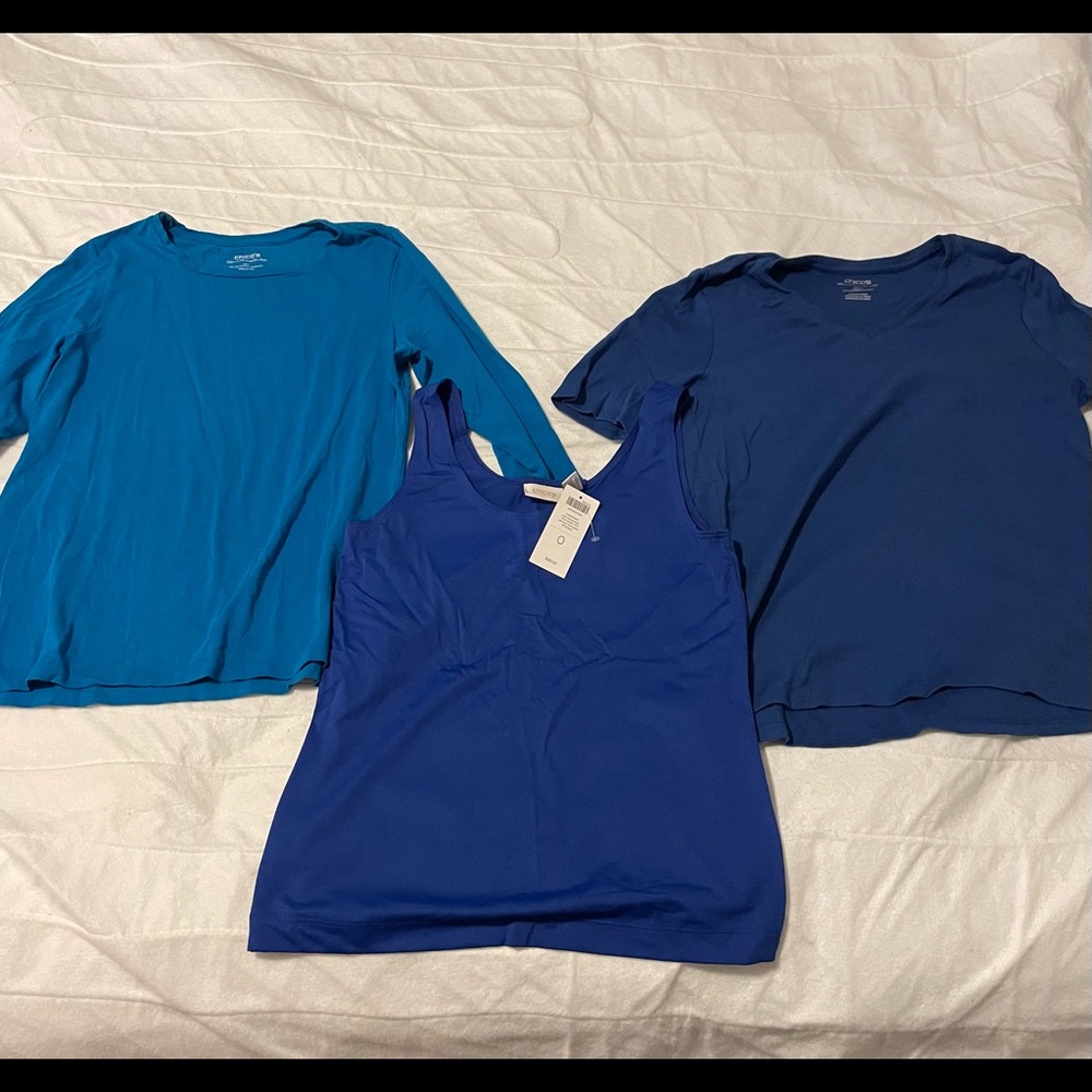 Blue Chico’s TWO Shirt Bundle: Size 0 &1; 3/4 sleeve, short sleeve, *tank sold
